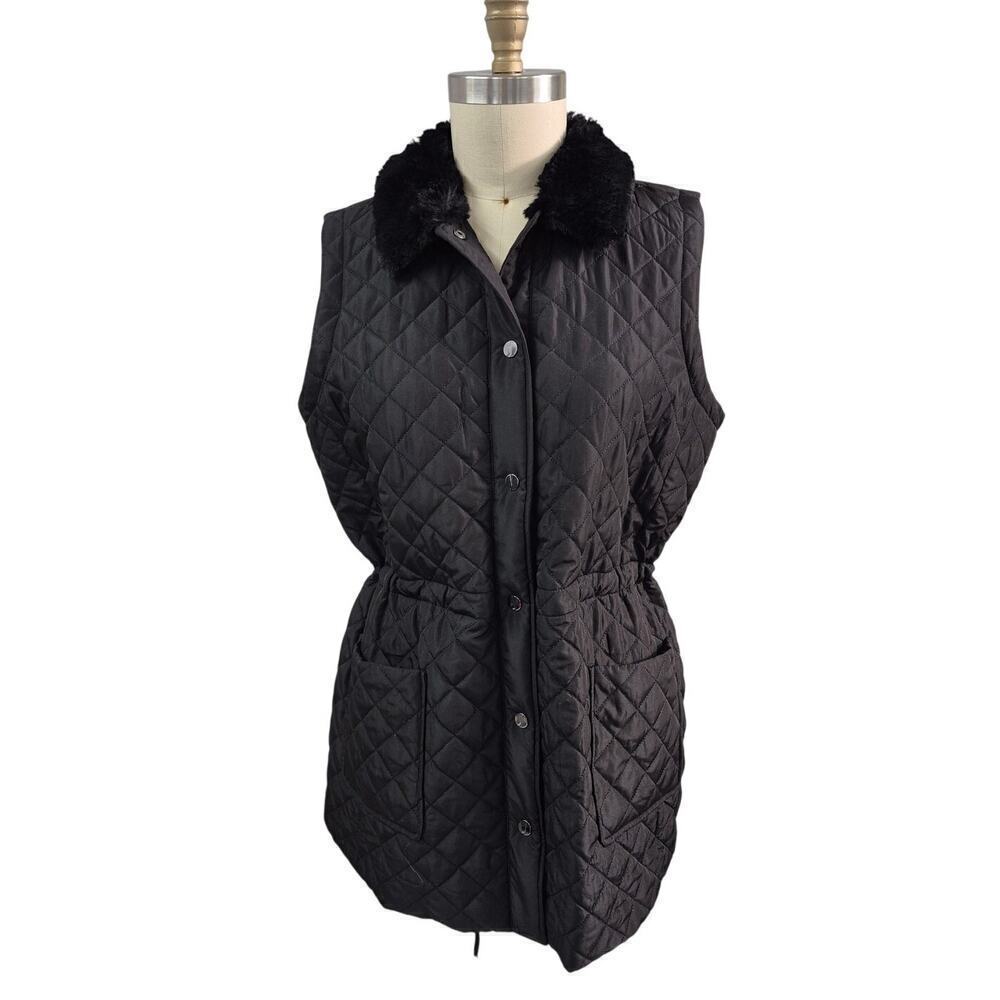 Jones New York Signature Black Women's Faux-Fur Collar Quilted Long Vest L NWOT - Picture 4 of 7